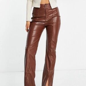 Missguided Faux Leather Brown Split Leg‎ Pants Trendy Cute Going Out Fashion